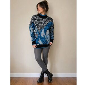 Vtg Fortune Knits Mock Neck Paisley Abstract Sweater Teal Black USA Made Retro